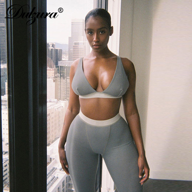 Dulzura Ribbed Women 2 Pieces V Neck Bra Leggings Set Crop Top