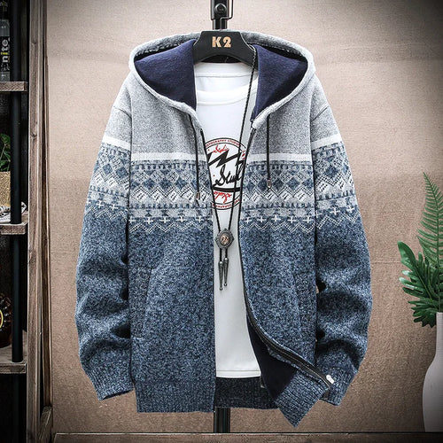 Men's New Winter Plaid Sweater Hooded Cardigan Cold Coat Wool Zipper