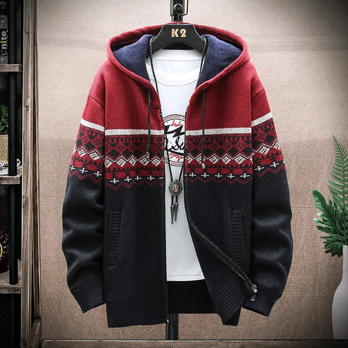 Men's New Winter Plaid Sweater Hooded Cardigan Cold Coat Wool Zipper