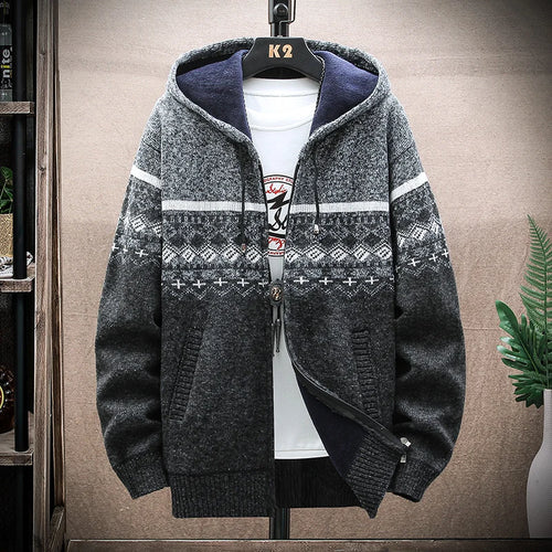 Men's New Winter Plaid Sweater Hooded Cardigan Cold Coat Wool Zipper