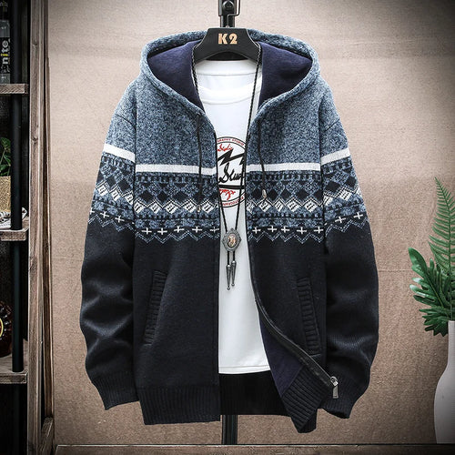 Men's New Winter Plaid Sweater Hooded Cardigan Cold Coat Wool Zipper