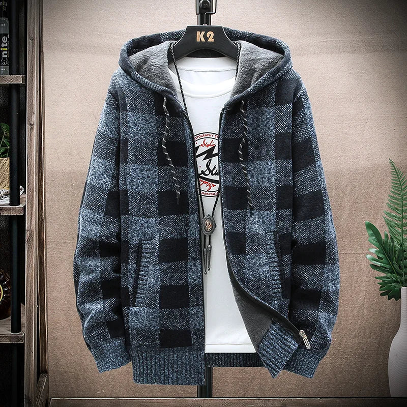 Men's New Winter Plaid Sweater Hooded Cardigan Cold Coat Wool Zipper