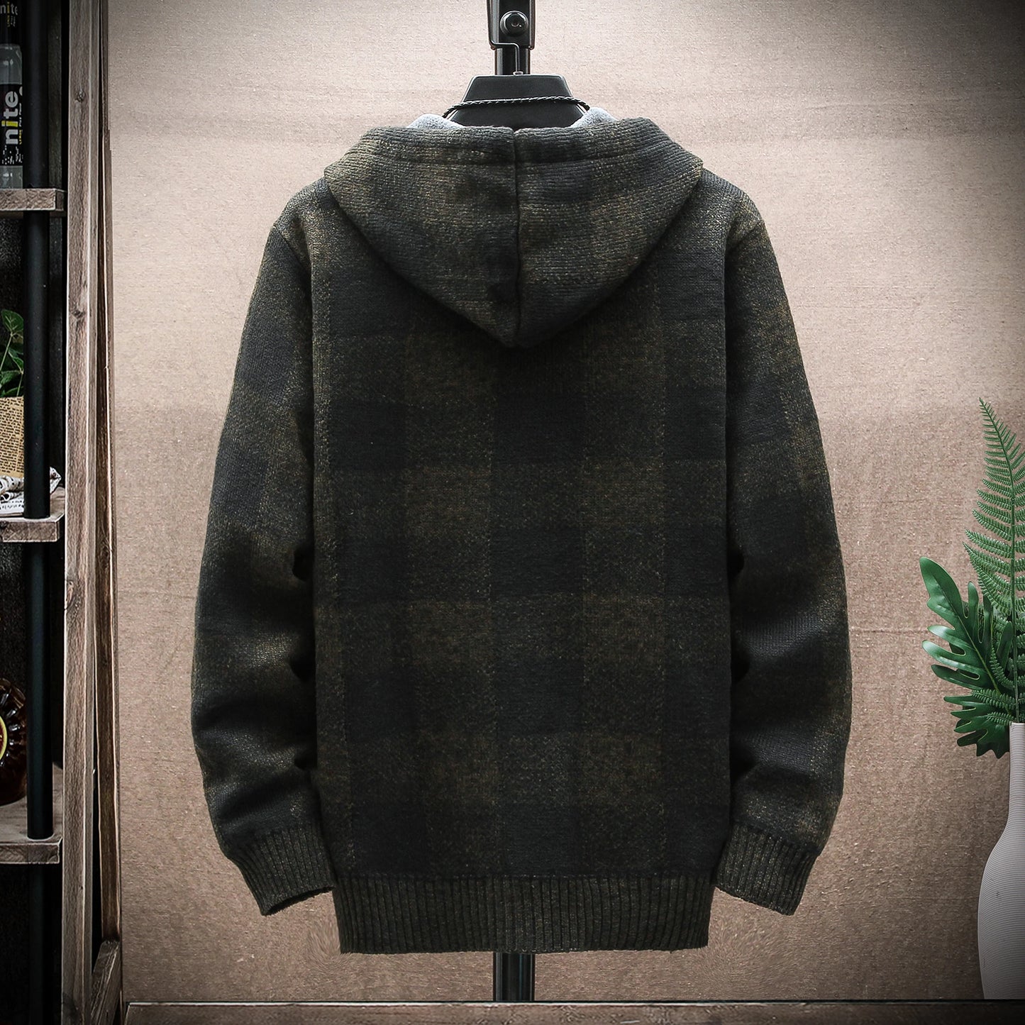 Men's New Winter Plaid Sweater Hooded Cardigan Cold Coat Wool Zipper