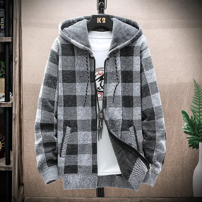 Men's New Winter Plaid Sweater Hooded Cardigan Cold Coat Wool Zipper