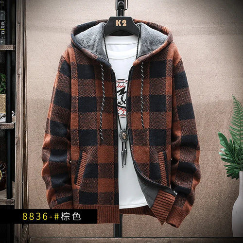 Men's New Winter Plaid Sweater Hooded Cardigan Cold Coat Wool Zipper