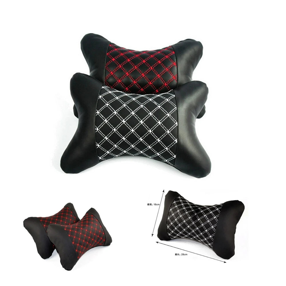 2 Pieces Universal Car Red White Line Leather Headrest Cushion Pad