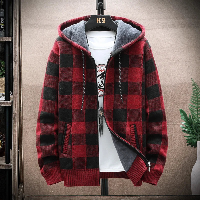 Men's New Winter Plaid Sweater Hooded Cardigan Cold Coat Wool Zipper