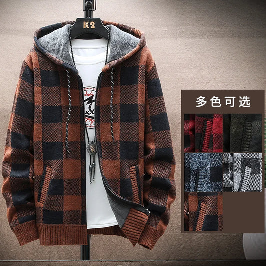 Men's New Winter Plaid Sweater Hooded Cardigan Cold Coat Wool Zipper