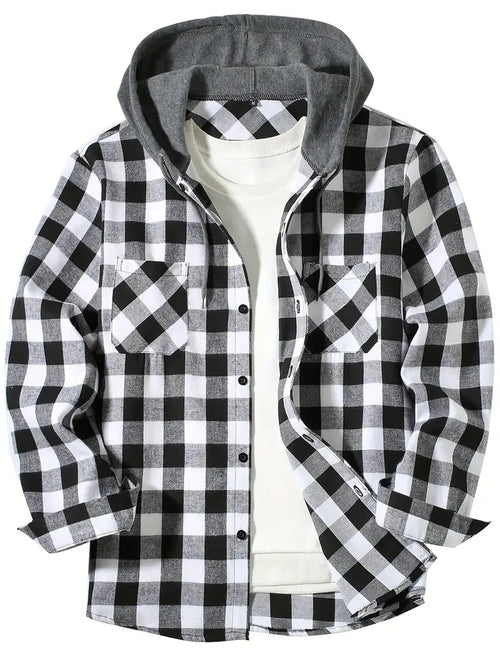 Men's Shirts Classic Plaid Casual Button Down Hooded Long Sleeved