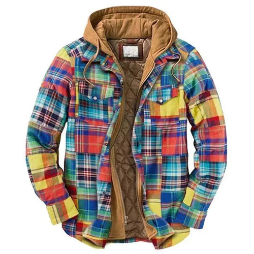 Autumn Winter Men's Plaid Hooded Jackets Harajuku Casual Padded Warm