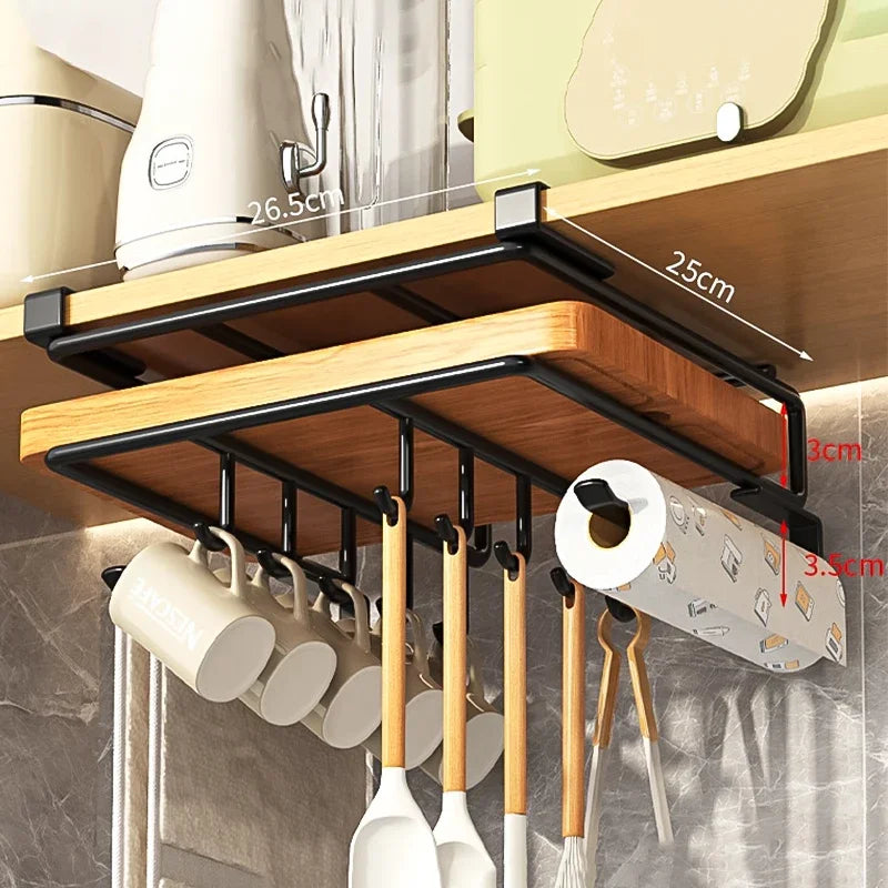 Kitchen Hanging Organizer Rack with Hooks Under Cupboard Paper Towel