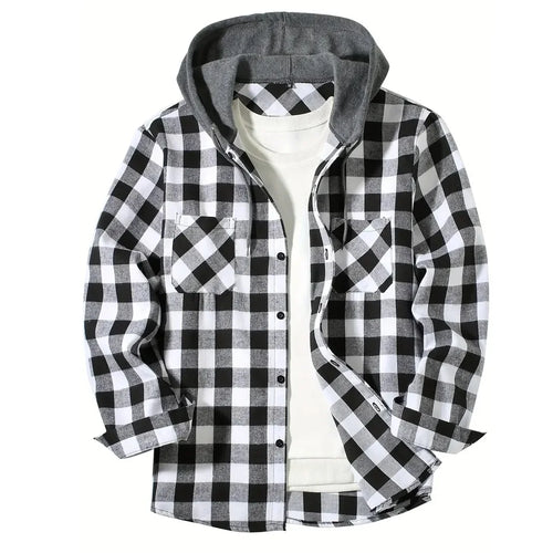 Men's Shirts Classic Plaid Casual Button Down Hooded Long Sleeved