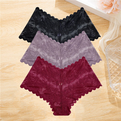 FINETOO 3Pcs/set Lace Boyshort Panties Women Low-Rise Floral Underwear