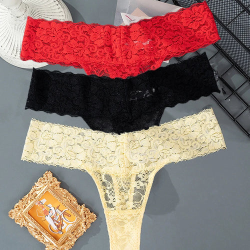 3PCS Lace Floral Women Panties Low Waist Breathable Briefs Female