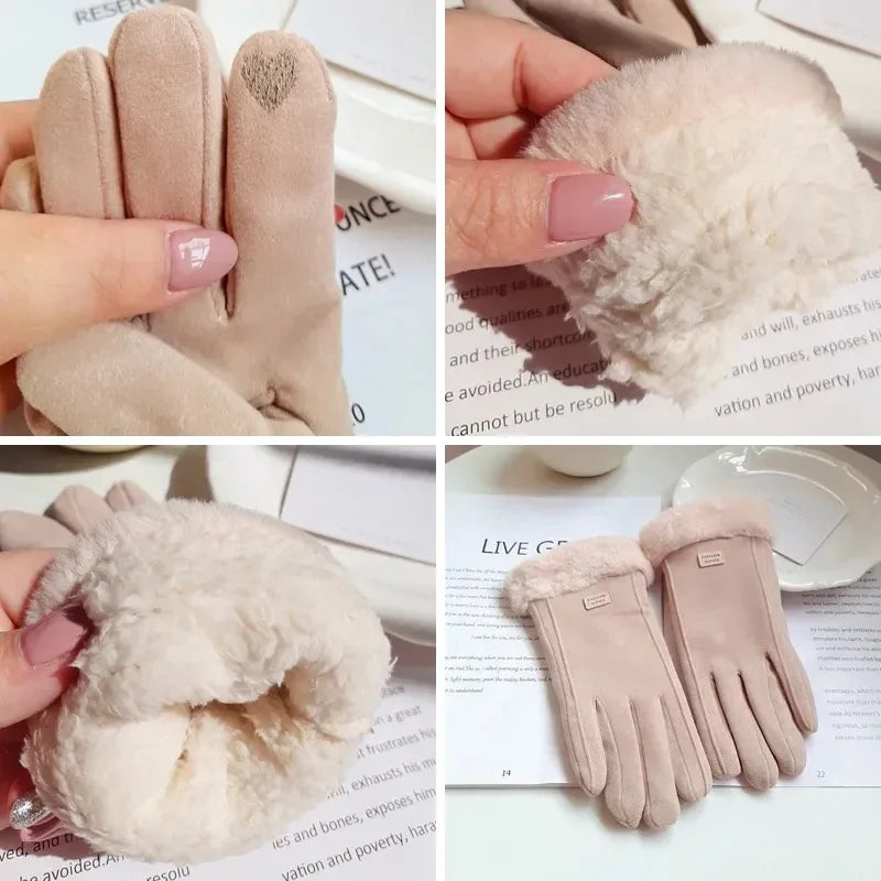 Women Winter Thick Plush Gloves Fashion Warm Suede Outdoor Guantes