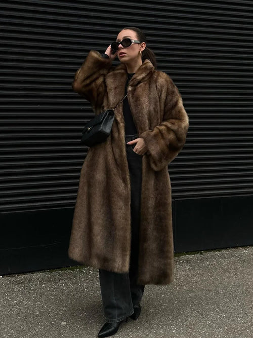 Dark Brown Faux Fur Long Overcoat For Women Fashion Lapel Single