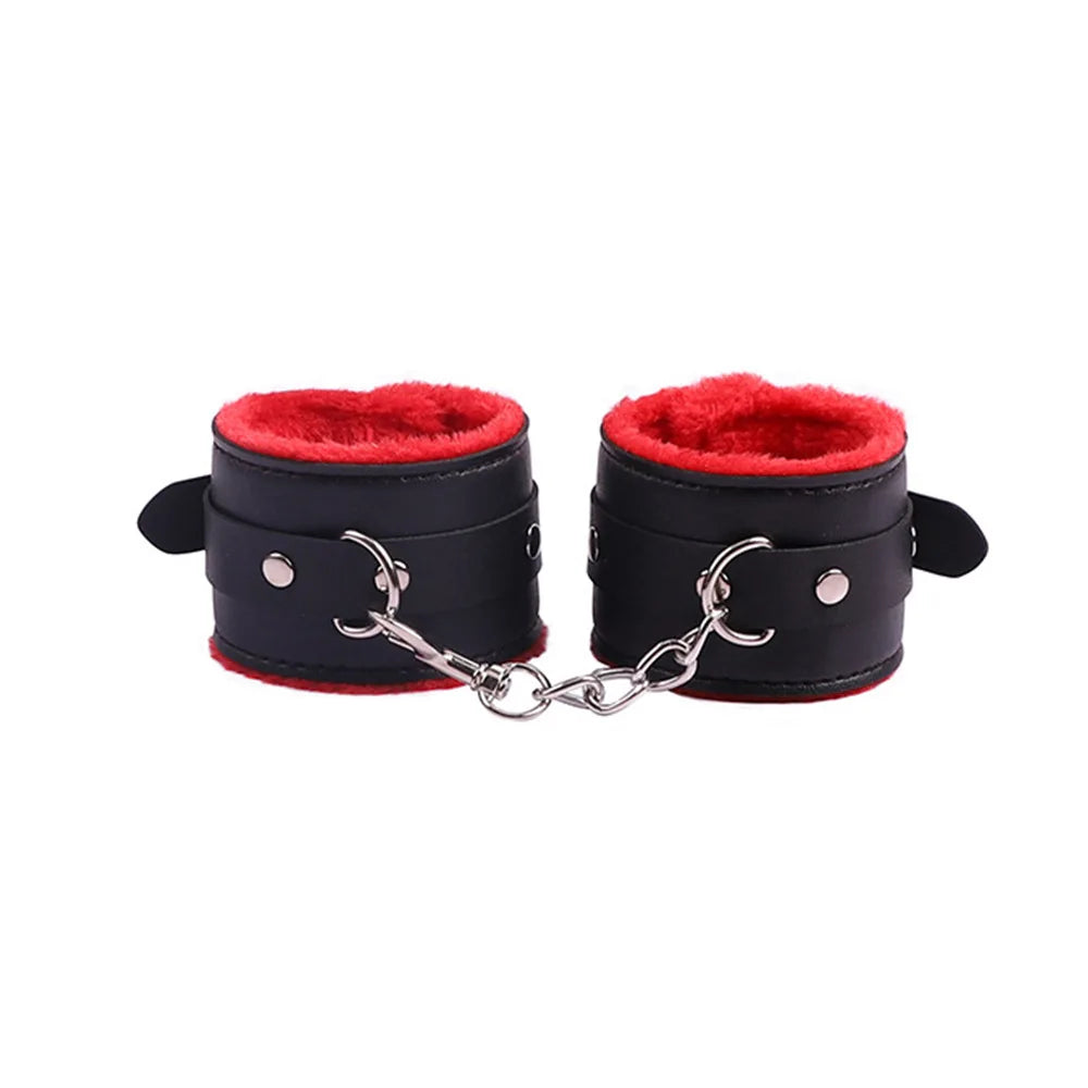 Sexy Leather Sexual Couples Bdsm Kit Plush Handcuffs Sex Bondage for