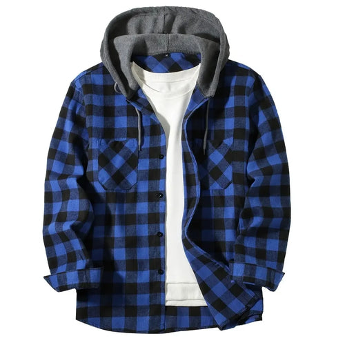 Men's Shirts Classic Plaid Casual Button Down Hooded Long Sleeved