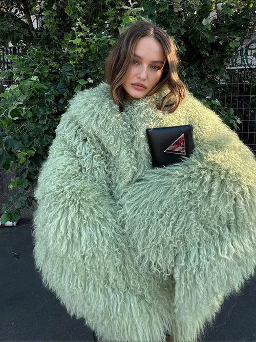 Oversize Green Faux Fur Short Jacket Coat Women Warm Thickened Fluffy