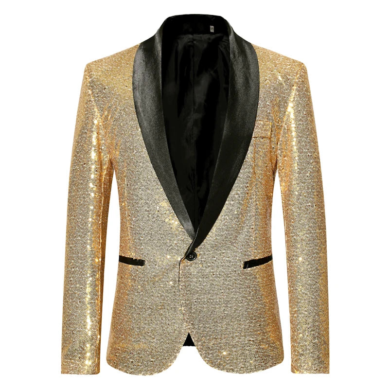 Shiny Gold Sequin Glitter Embellished Blazer Jacket Men Nightclub Prom