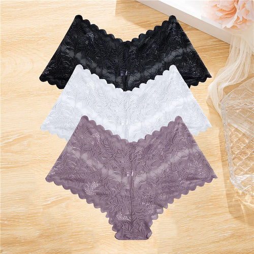 FINETOO 3Pcs/set Lace Boyshort Panties Women Low-Rise Floral Underwear