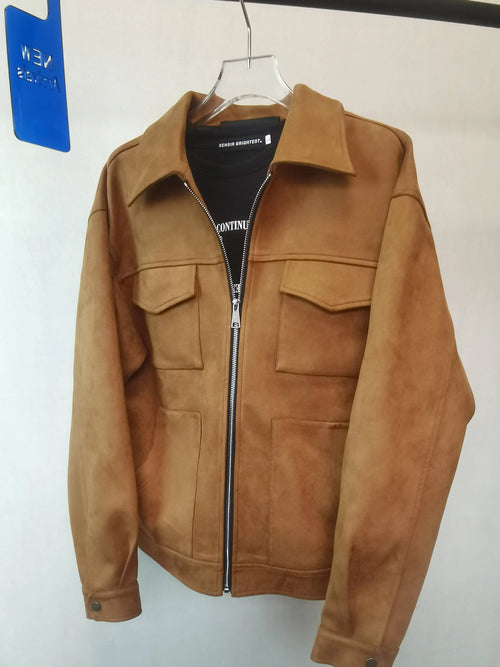 Vintage High Street Suede Material Crock Jacket With Zipper Lapel