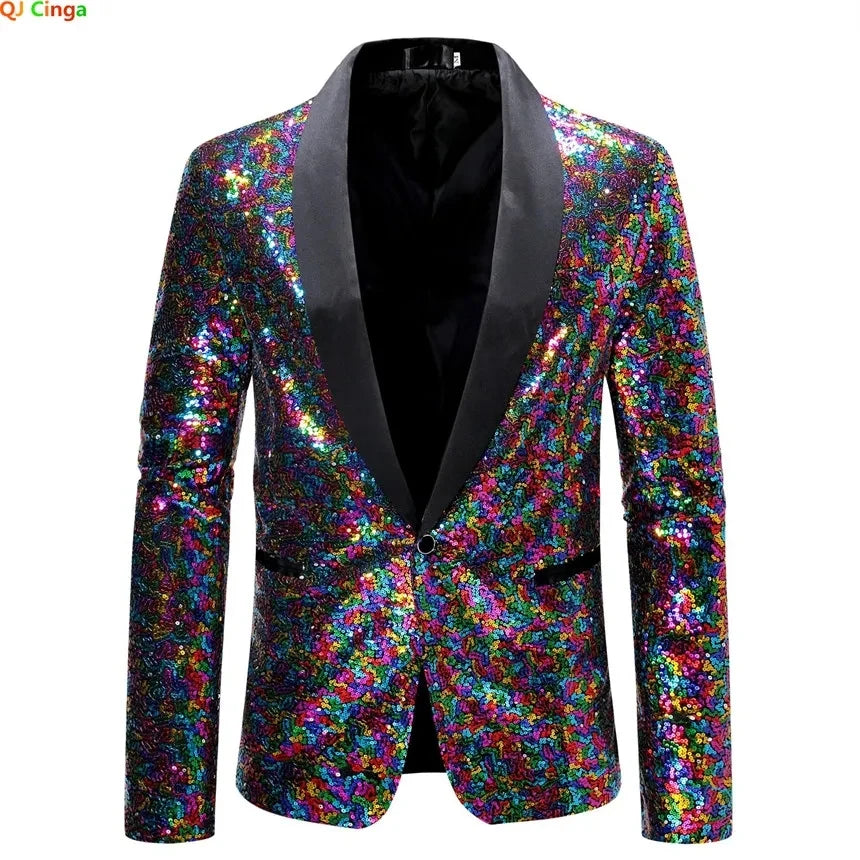 Shiny Gold Sequin Glitter Embellished Blazer Jacket Men Nightclub Prom