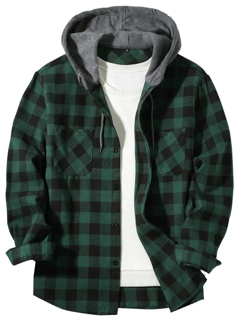 Men's Shirts Classic Plaid Casual Button Down Hooded Long Sleeved