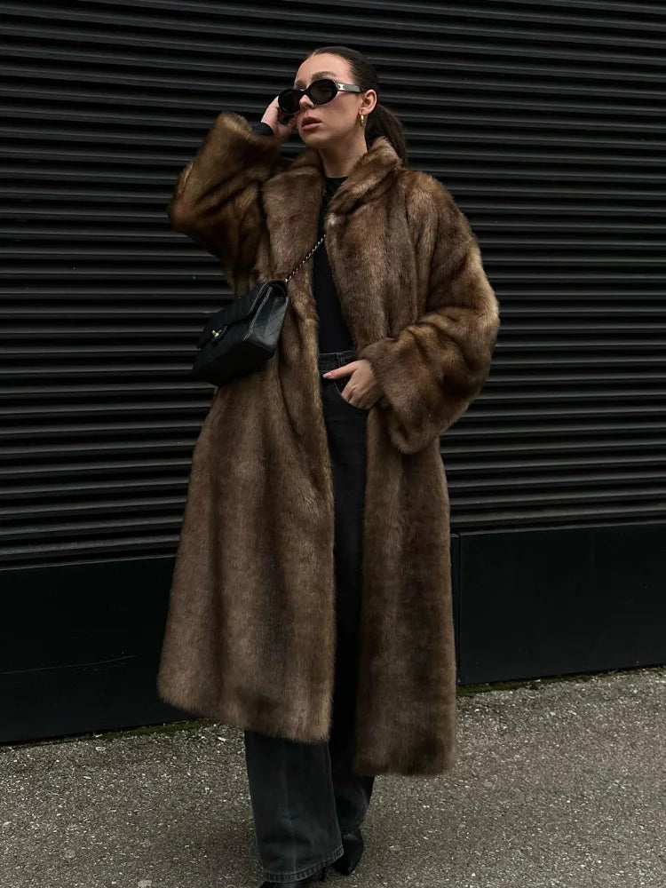 Dark Brown Faux Fur Long Overcoat For Women Fashion Lapel Single