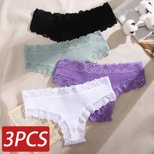 3PCS Lace Seamless Cotton Panties Ribbed Brazilian Pants Low Waist