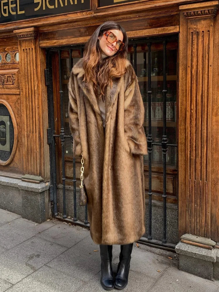 Dark Brown Faux Fur Long Overcoat For Women Fashion Lapel Single