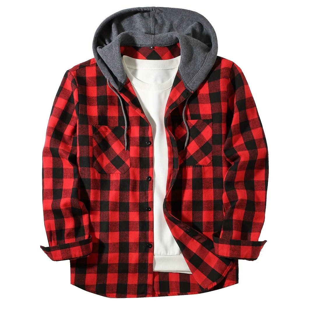 Men's Shirts Classic Plaid Casual Button Down Hooded Long Sleeved