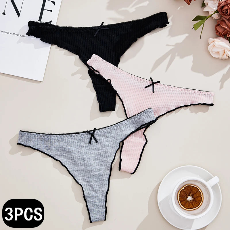 3Pcs Women's Thong Low-rise Panties Solid Color Cotton Lingerie Sexy