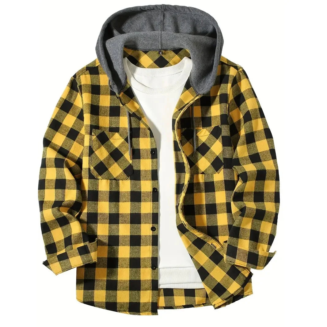 Men's Shirts Classic Plaid Casual Button Down Hooded Long Sleeved