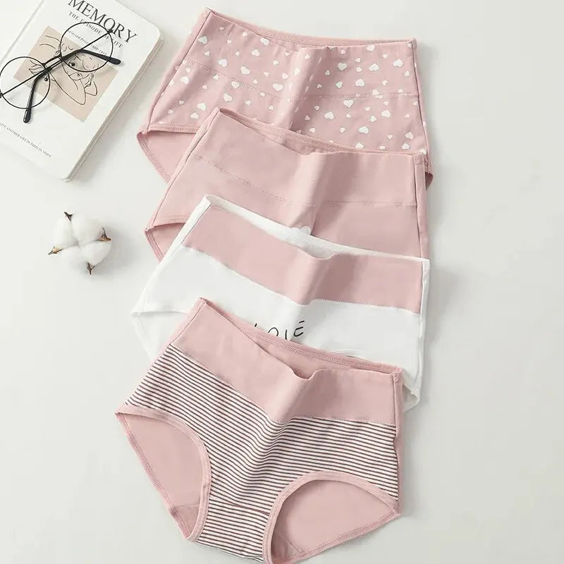 4Pcs Women's Panties High Waist Underwear Fashion Print Girls Briefs