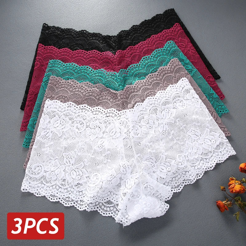 3PCS Women Floral Lace Panties Sexy Perspective Underwear V Waist