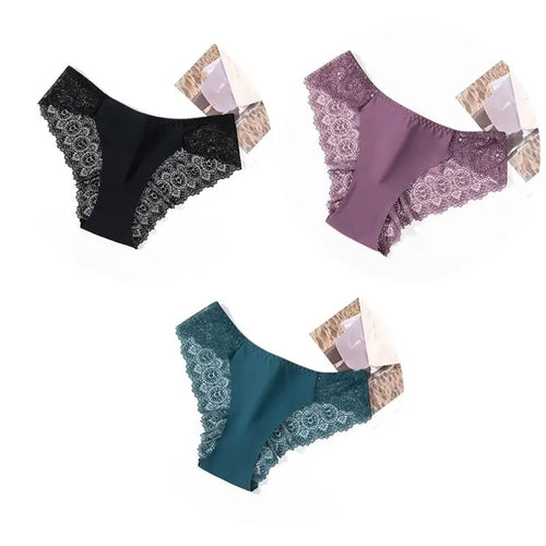 3PCS/Set TrowBridge Sweet Women's Panties Silk Satin Underwear Lace