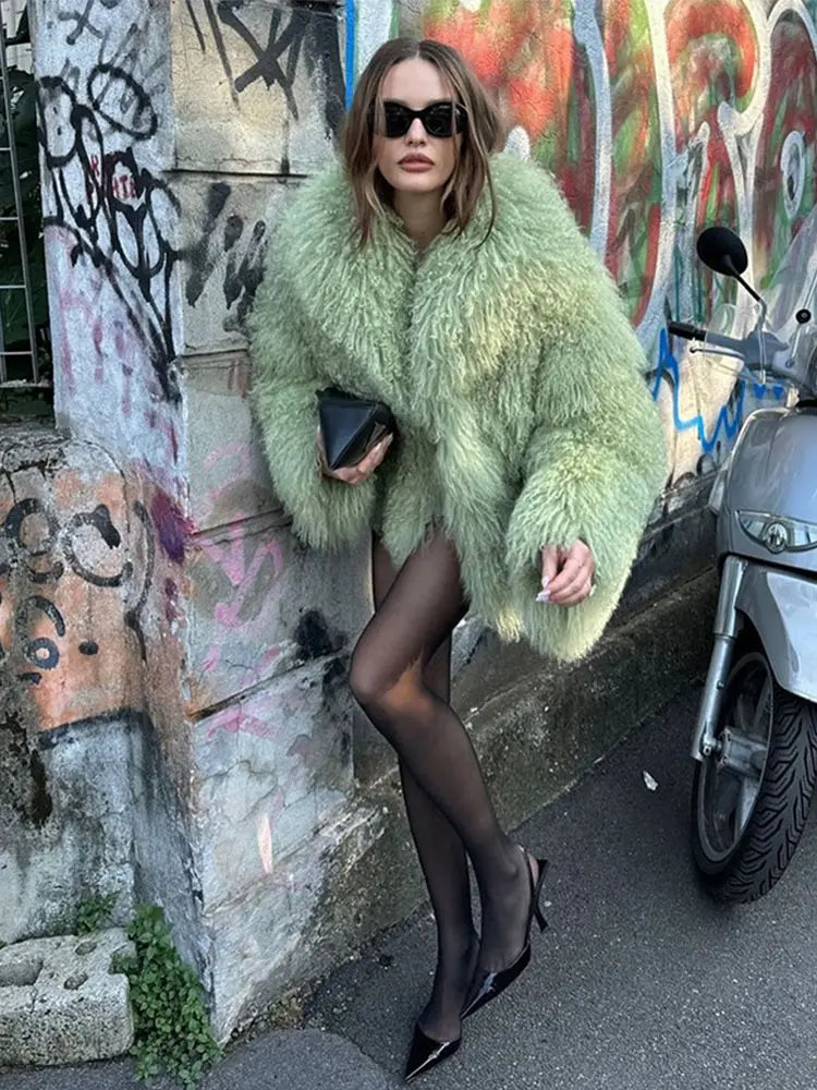 Oversize Green Faux Fur Short Jacket Coat Women Warm Thickened Fluffy