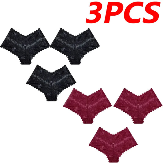 3Pcs Sexy Mesh Lingerie Panties Pure Color Polyester Lace French