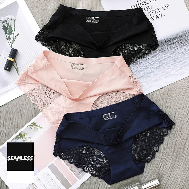 4Pcs Women's Panties Exquisite Lace Underwear Silk Satin Sexy Seamless