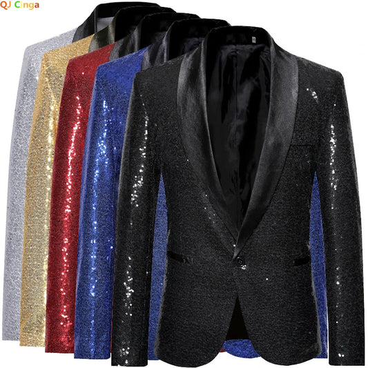 Shiny Gold Sequin Glitter Embellished Blazer Jacket Men Nightclub Prom