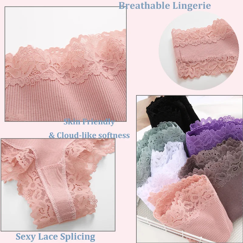 3PCS Lace Seamless Cotton Panties Ribbed Brazilian Pants Low Waist