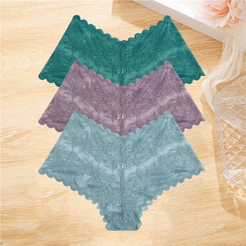 FINETOO 3Pcs/set Lace Boyshort Panties Women Low-Rise Floral Underwear