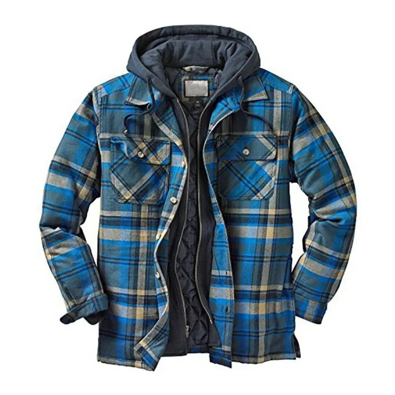 Autumn Winter Men's Plaid Hooded Jackets Harajuku Casual Padded Warm