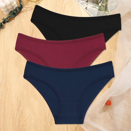 FINETOO 3Pcs/set Women Waffle Cotton Panties S-XL Women's Low-Rise