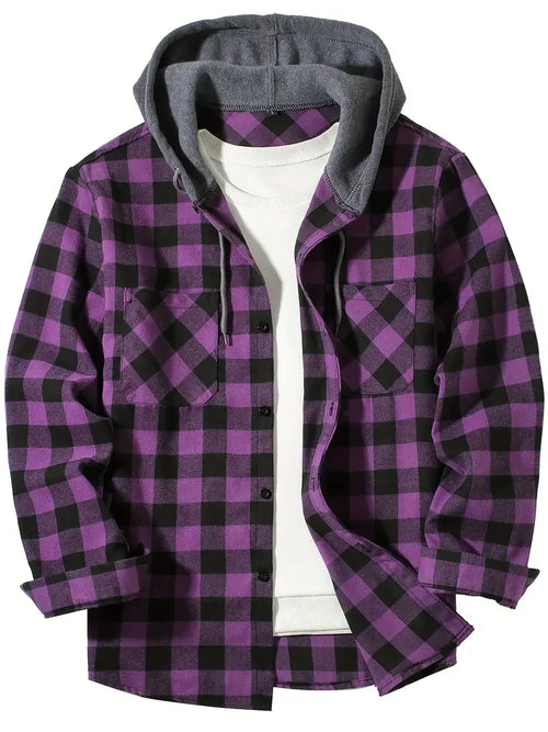 Men's Shirts Classic Plaid Casual Button Down Hooded Long Sleeved