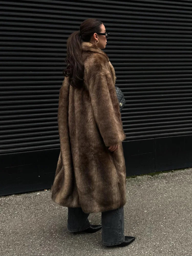 Dark Brown Faux Fur Long Overcoat For Women Fashion Lapel Single