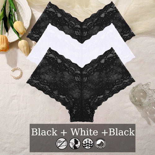 3PCS Women Floral Lace Panties Sexy Perspective Underwear V Waist