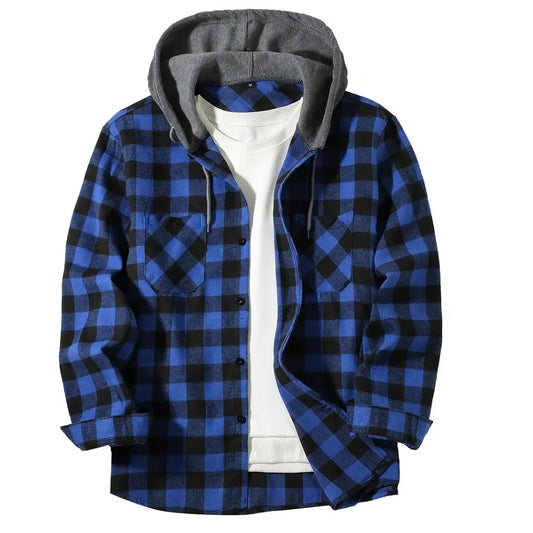 Men's Shirts Classic Plaid Casual Button Down Hooded Long Sleeved