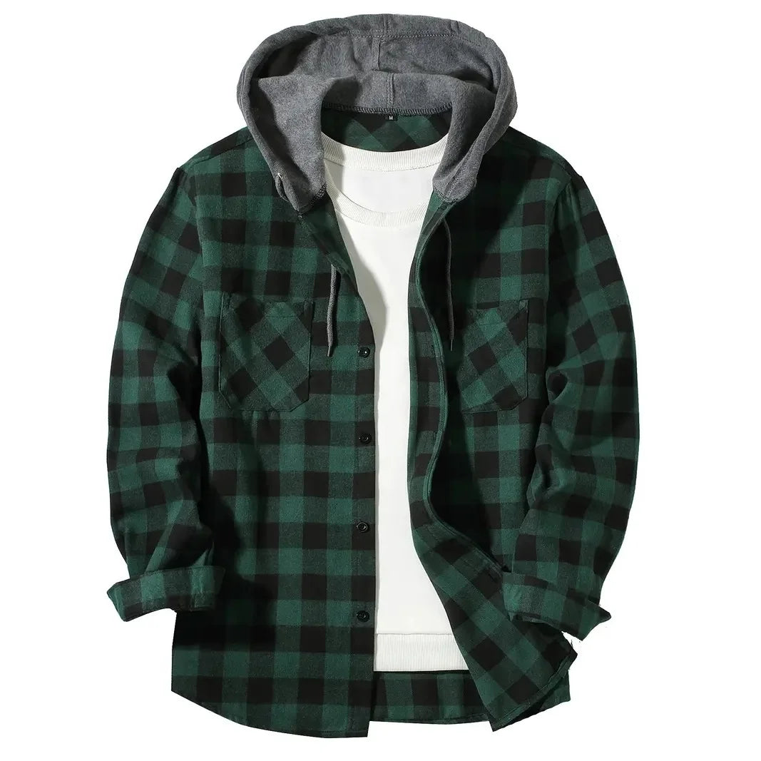 Men's Shirts Classic Plaid Casual Button Down Hooded Long Sleeved